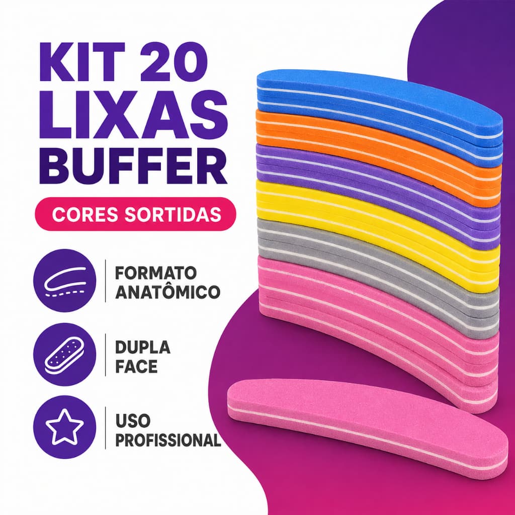 Kit 20x Lixa Buffer Banana 100/180 Laváveis para Unhas Gel, Acrigel e Fibra