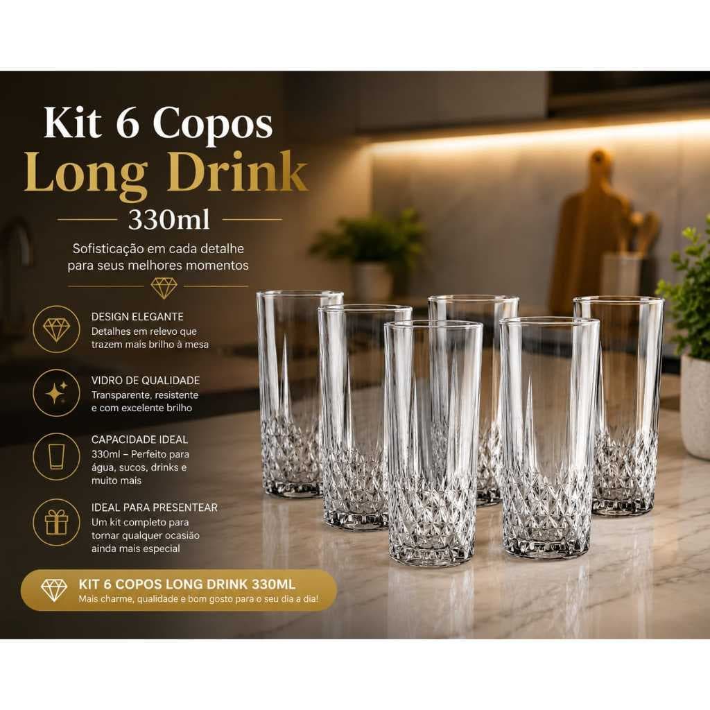 Jogo 6 Copos de Vidro  Long Drink 330 ml
