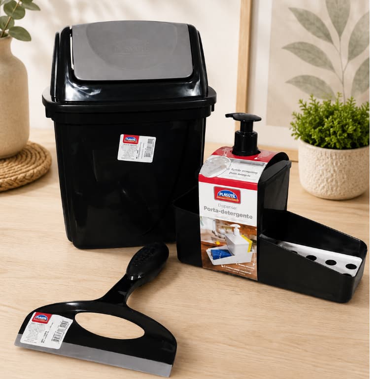 Kit Pia 3 Peças Organizador de Cozinha – Porta Detergente, Lixeira e Rodo de Pia