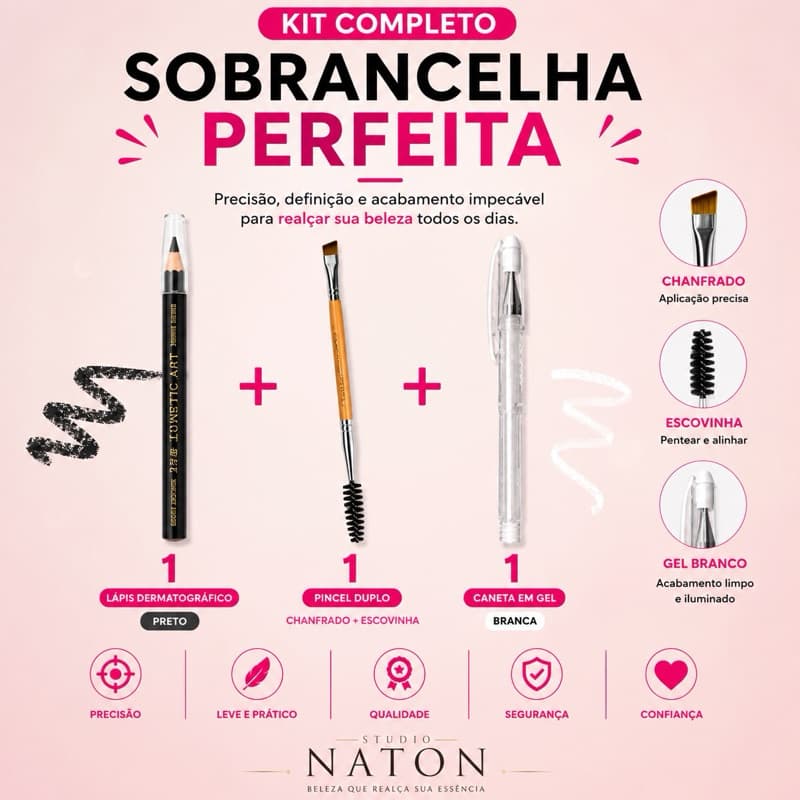 Kit Design Sobrancelha Lápis Dermográfico Preto + Pincel Duplo + Caneta Gel Branca Use Naton