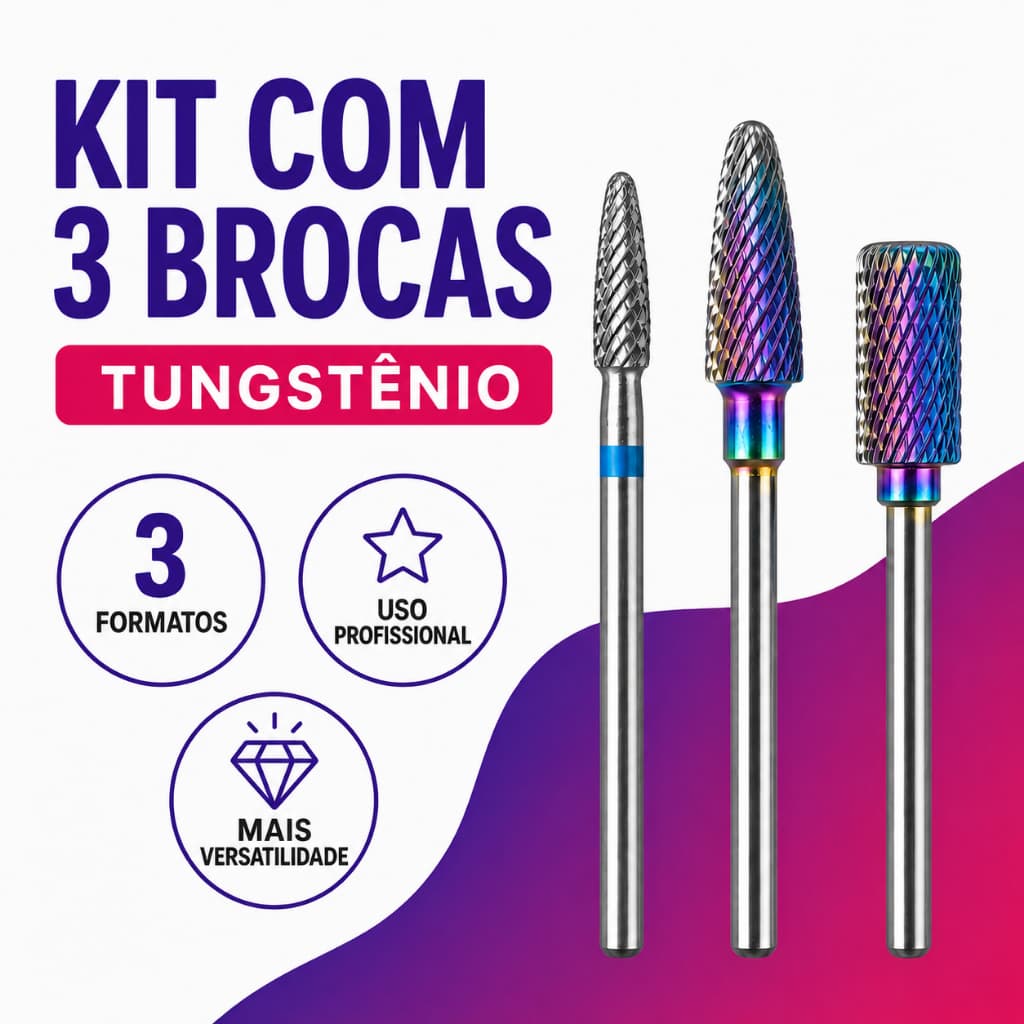 Kit Brocas Para Unhas Profissional Tungstênio Rainbow e Diamantada Para Lixadeira Elétrica