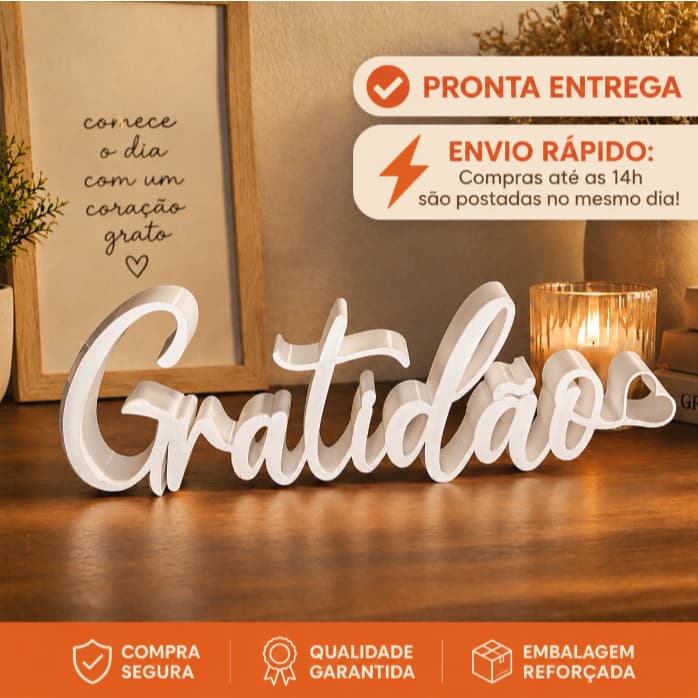 Letreiro Decorativo Gratidão de Mesa 3D até 23 cm Branco Pronta Entrega