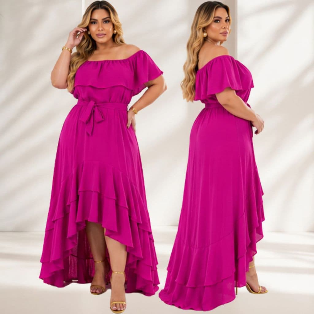 Vestido Plus Size Mullet Ciganinha com Babados e Cintura Marcada 50-54. Elegante Confortável Sofisticado Todas Ocasiões.