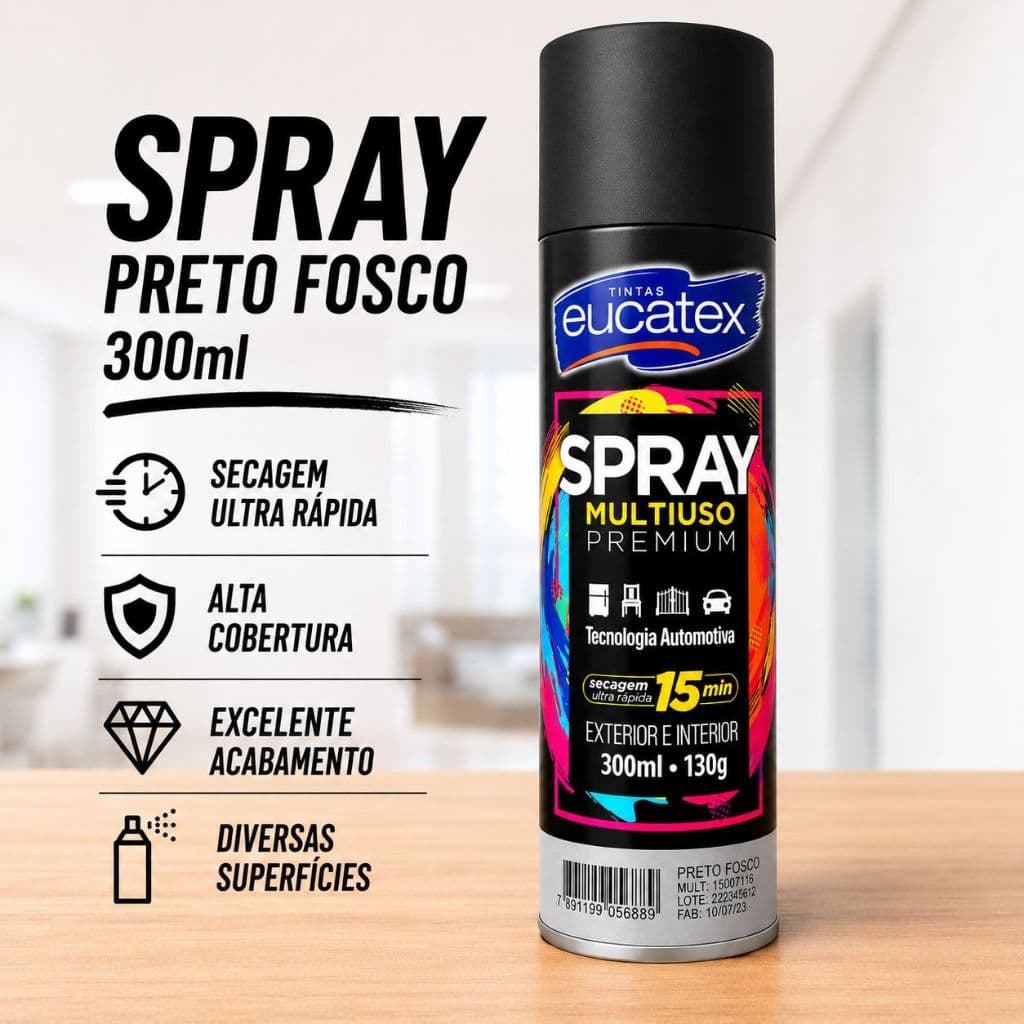 Spray Preto Fosco Automotivo Alta Temperatura 300ml Tinta Premium 600°C Eucatex Secagem Ultra Rápida