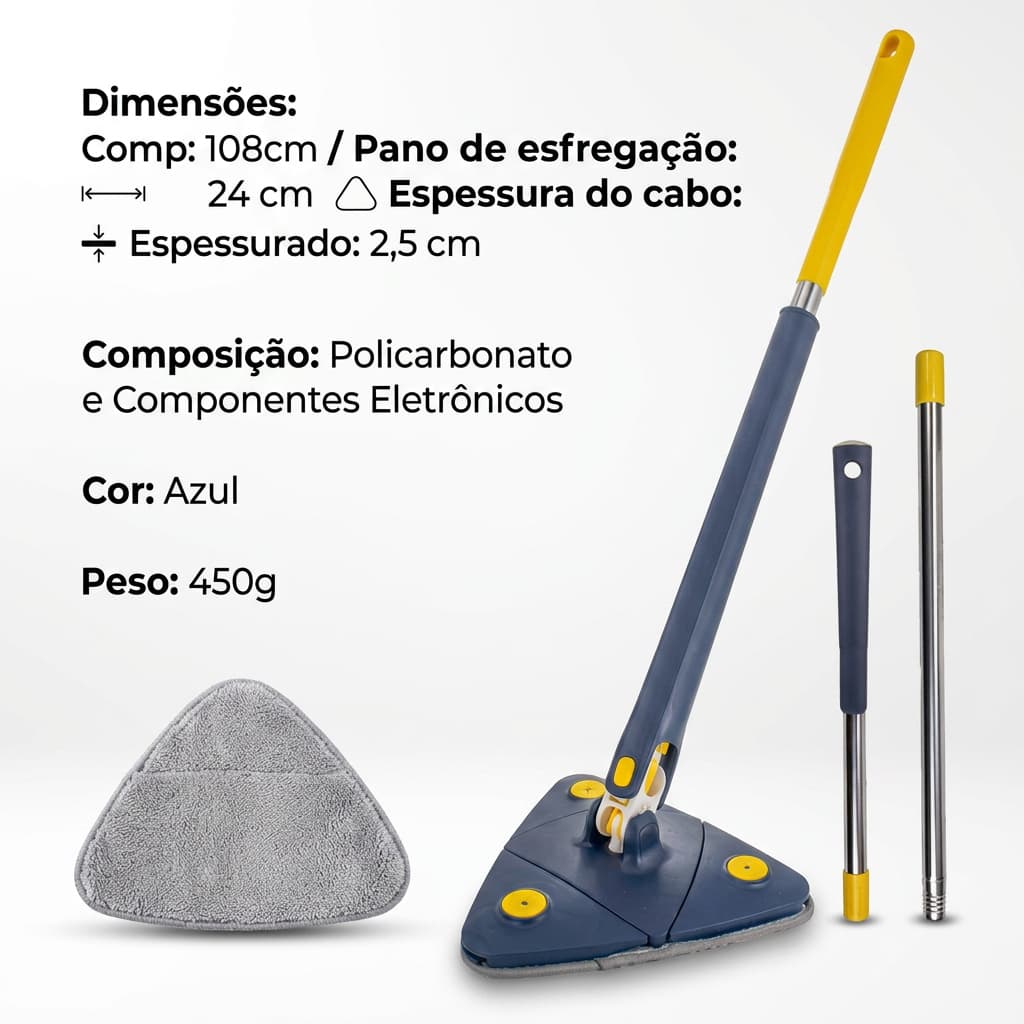 Mop Giratório Triangular Limpeza Fácil Rápida 360 Graus Refil Reutilizável Limpa debaixo dos Móveis