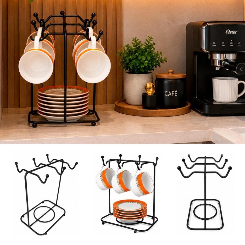 Suporte Porta Xícaras e Pires Organizador Aramado Para Café Chá Cozinha Compacta Metálico Moderno