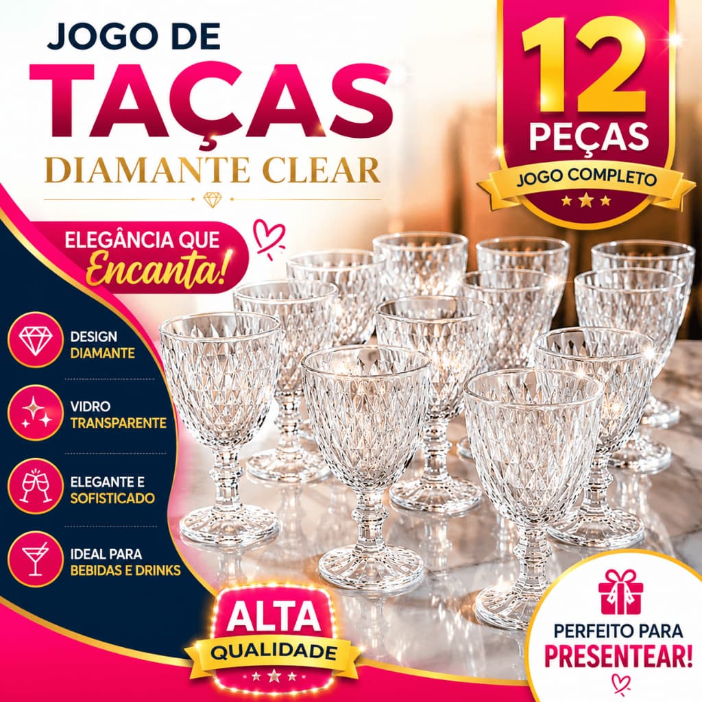 Jogo de 12 Taças Diamante Copo Vidro Transparente Bico De Jaca 330ml