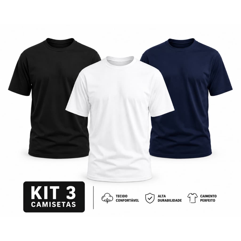Kit 3 Camiseta Lisa Masculina Algodão Básica Casual Conforto Qualidade Dia a Dia