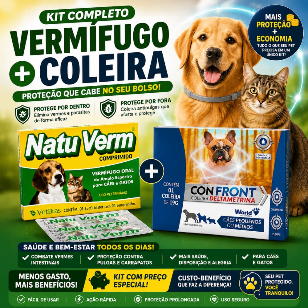 Vermífugo NatuVerm + Coleira Antipulgas Confront 19g Cães Gatos Kit Proteção Completa