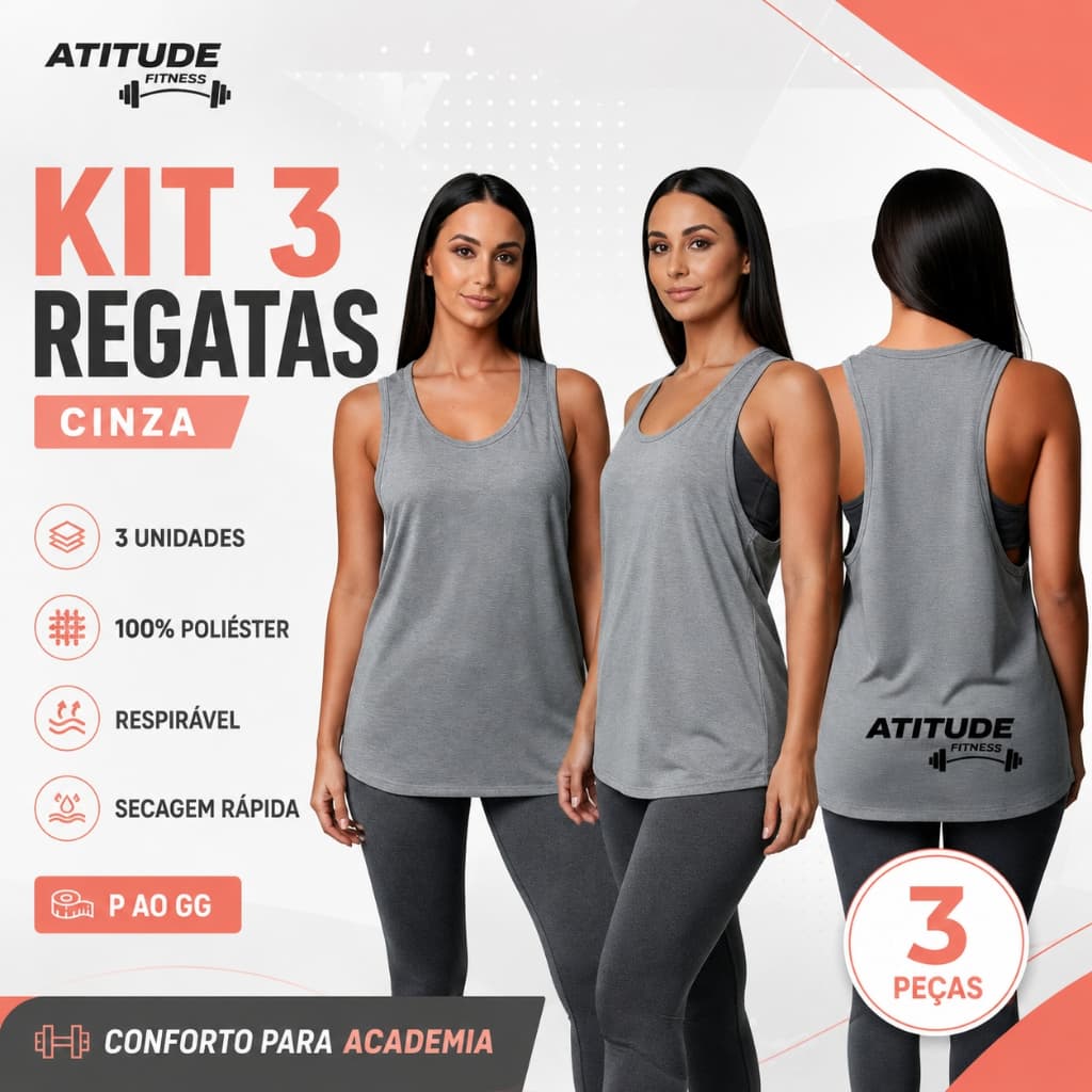 Kit 3 Regatas Femininas Cavadas Fitness Viscolycra Costas Nadador Academia Treino Cinza