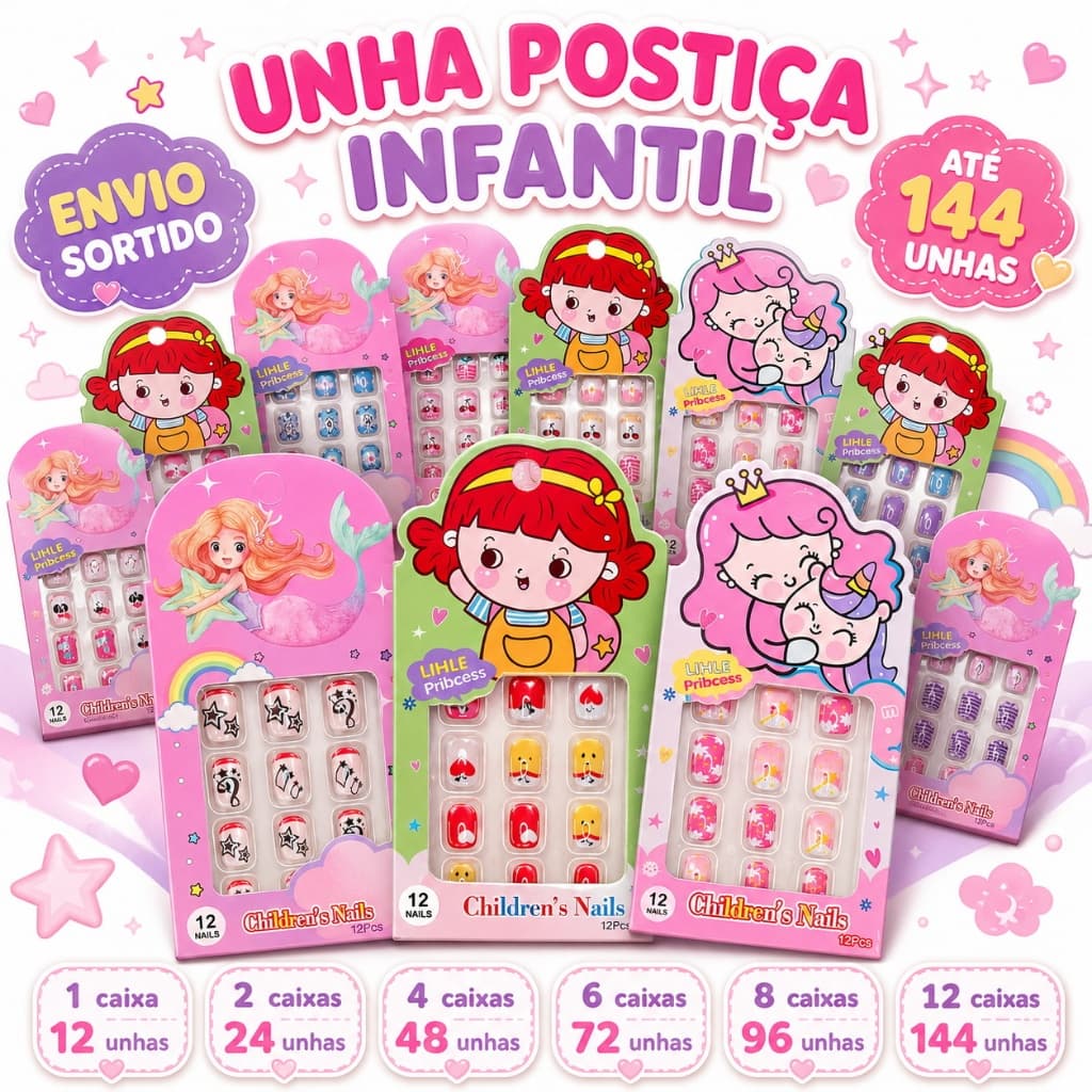 Kit Até 144 Unhas Postiça Infantil Autoadesiva Menina Kids Criança Princesa Unicórnio Sereia Sortido 12 Caixas