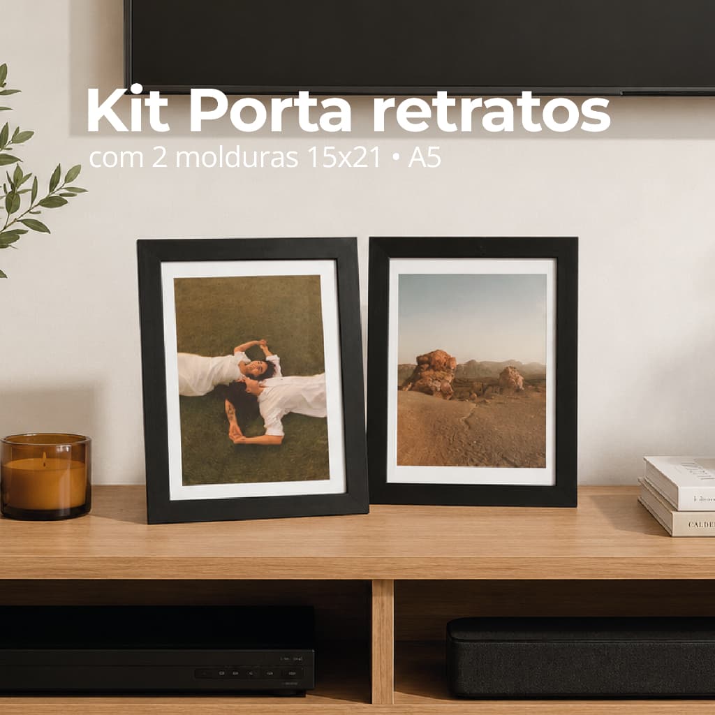 Kit 2 porta retratos 15x21 moldura A5 c/ Vidro - Lisa - Quelu molduras