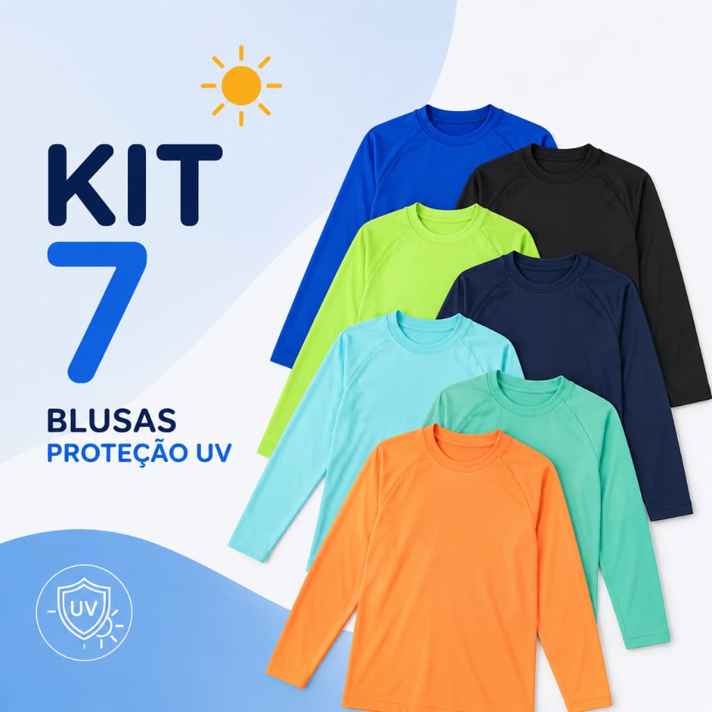 Kit 7 Blusas Proteção Solar Infantil UV50 Manga Longa Moda Praia Piscina Menino Menina FPU 50+