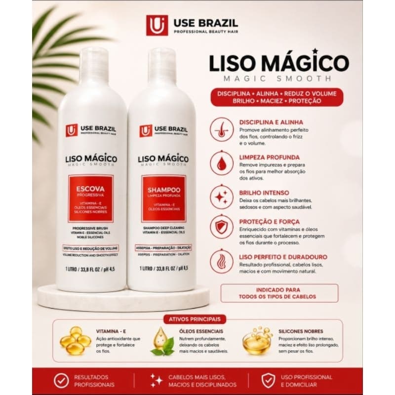 Kit Liso Mágico Use Brazil Shampoo + Escova Progressiva 1L – Alinha, Reduz Volume e Brilho Intenso