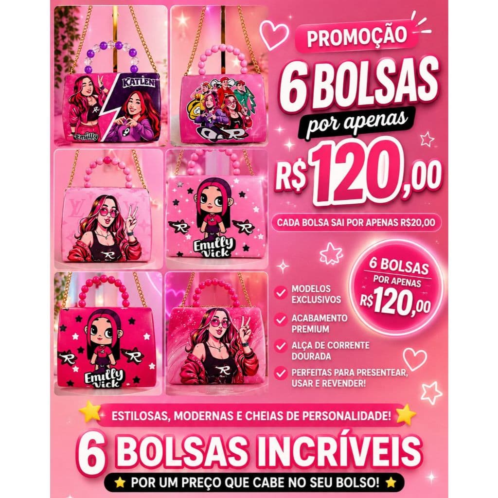 kit 6 bolsas dos rosa Bolsa Infantil Tendência 2026 Bolsa Infantil Elegante Bolsa Infantil Fashion Kids Mini Bolsa Infan