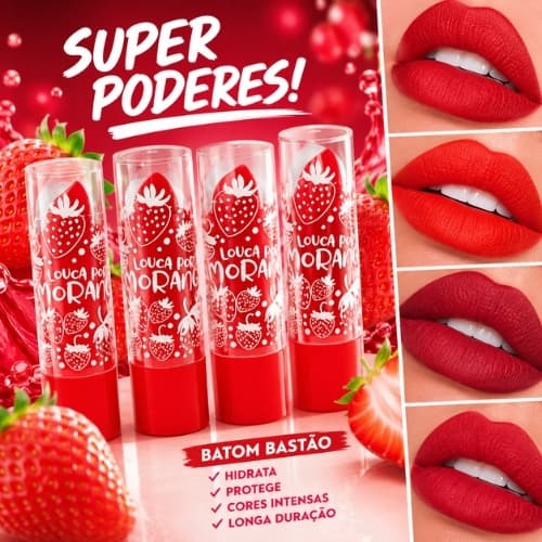 Super Poderes Kit 4 Unidades Batom Louca por Morango Vermelho 4 Tonalidades 3,5g Cada
