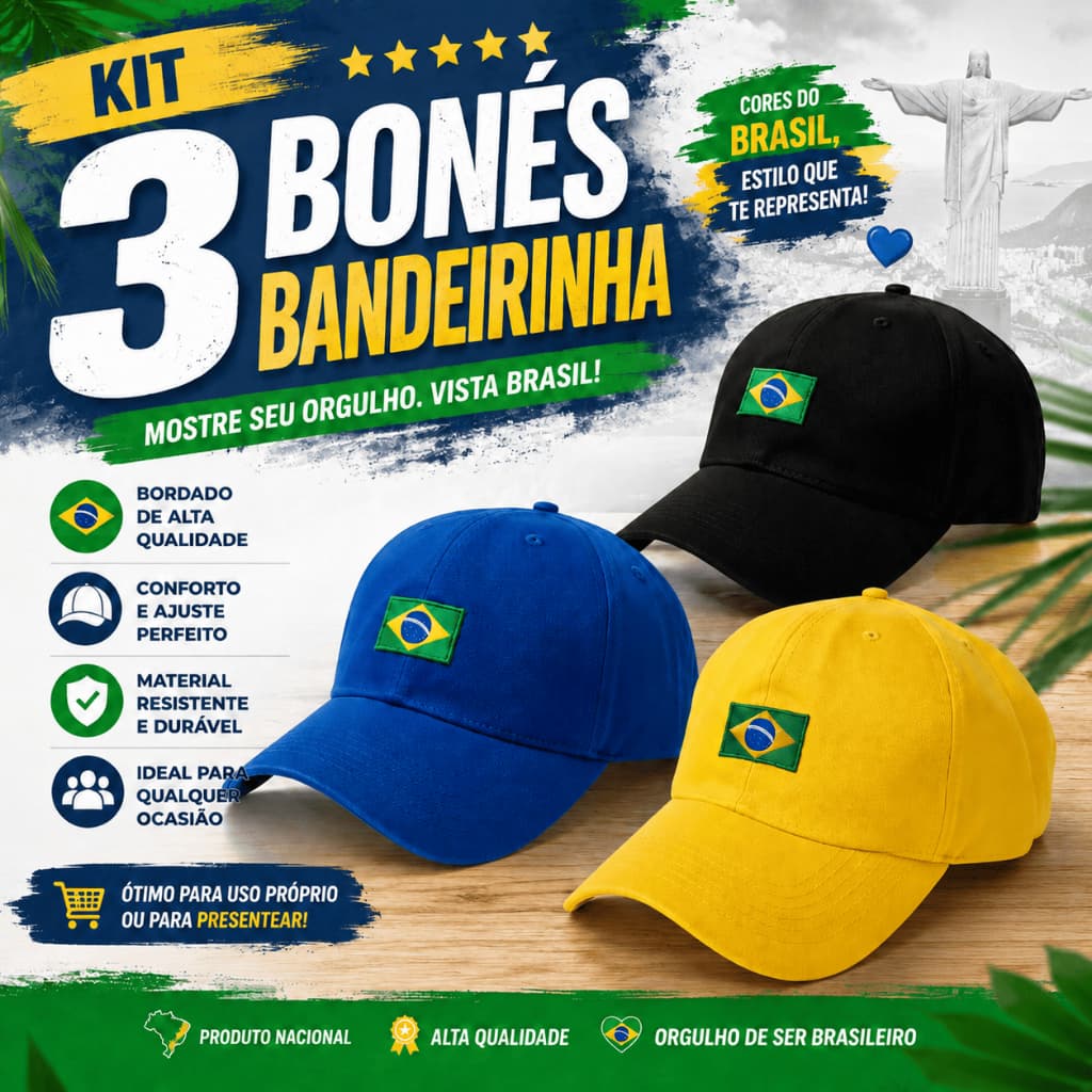Kit 3 Bonés Bandeirinha Brasil Bordado Aba Curva Ajustável Masculino Feminino
