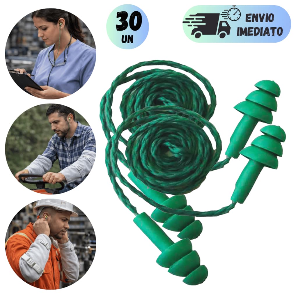 PROTETOR DE OUVIDO 17dB PLUG SILICONE COM CORDÃO VERDE AURICULAR ABAFADOR PROTEÇÃO PARA TRABALHAR