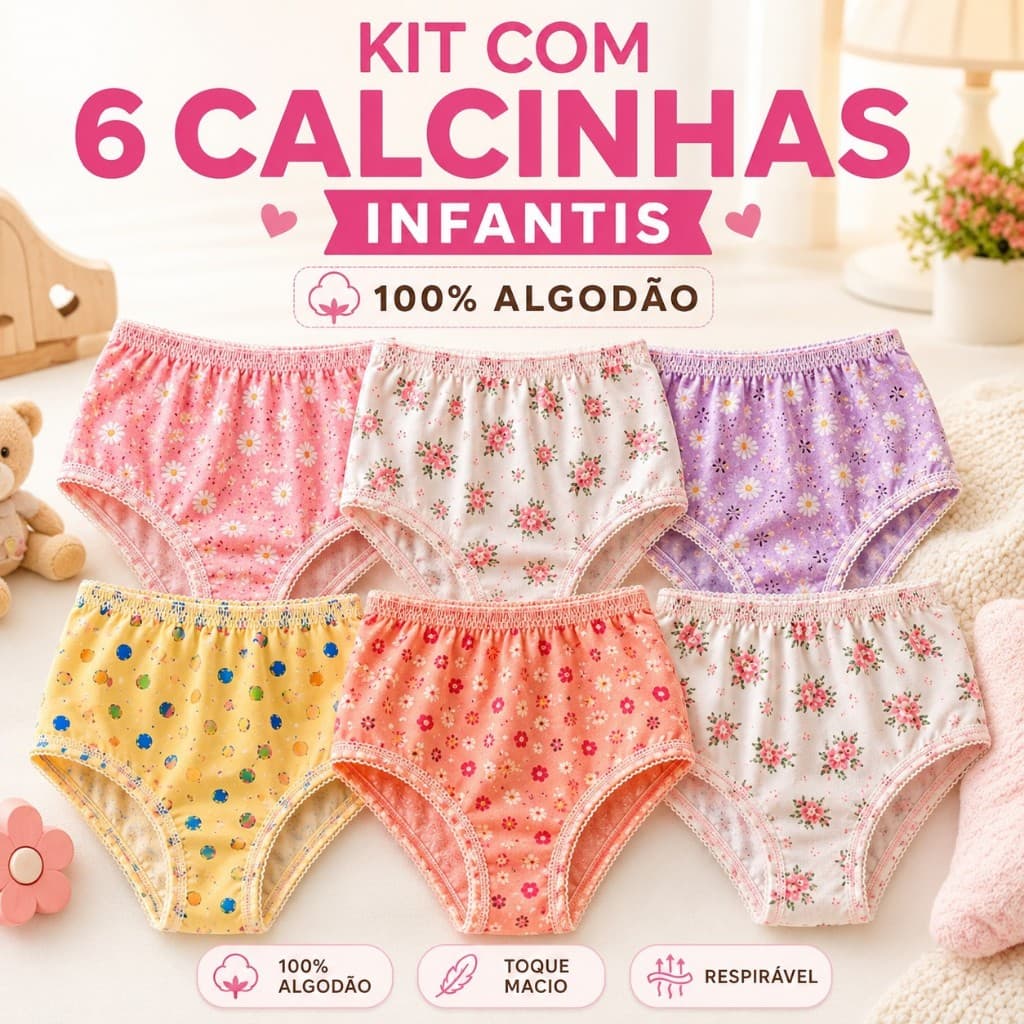 Kit 6 Calcinhas Infantis Menina Algodão Confortável Cintura Alta Antialérgica Estampada Sortida