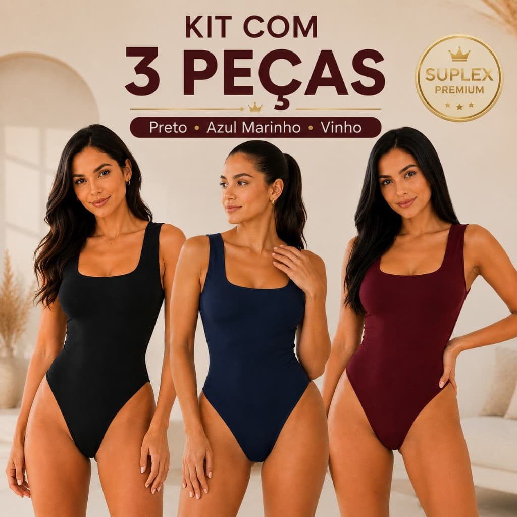 Kit 3 Body Feminino Decote Quadrado Suplex Alça Larga Forro Duplo Modelador Elegante Tamanho Único