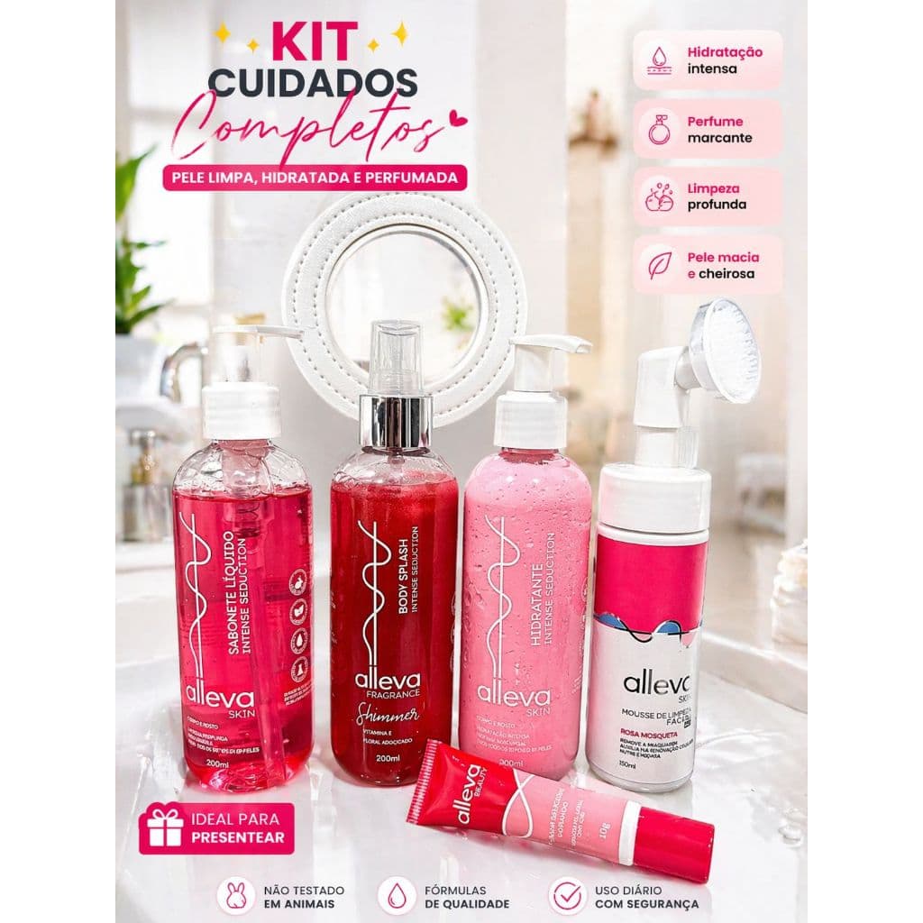 Kit Presente Feminino Body Splash Hidratante Sabonete Líquido Mousse de limpeza e Lip labial c/ Sacola