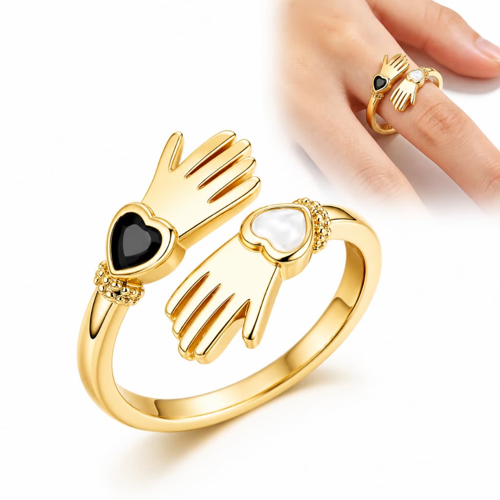 Anel Abraço Mãos Corações Zircônia Feminino Luxo Ajustável