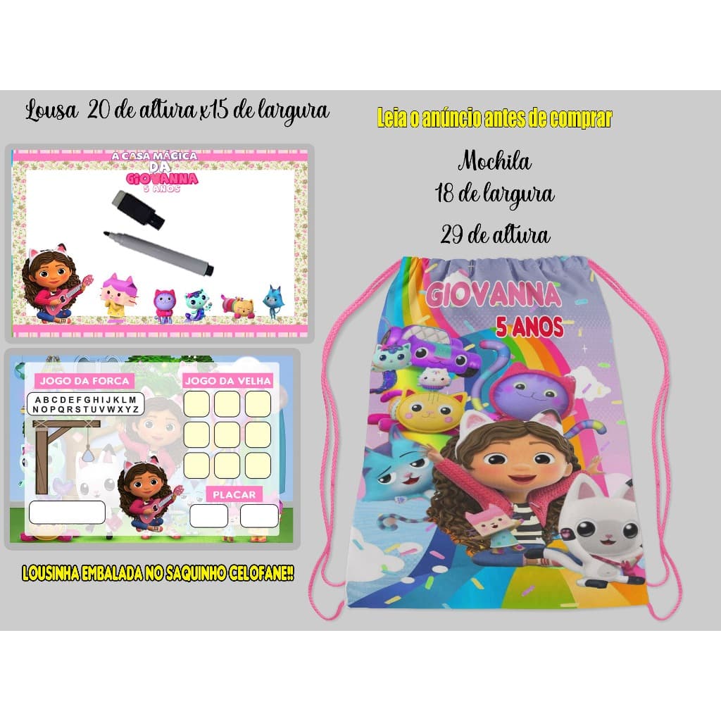 Kit Mochilinha e Lousa Magica Personalizada Festa de Aniversario Todos os Temas