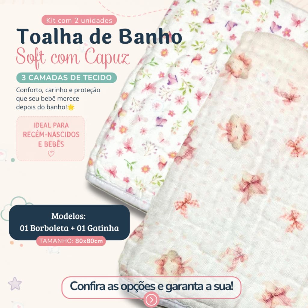 Kit com 2 Toalhas de Banho Soft com Capuz - 3 Camadas de Fralda - Tecido 100% Algodão - 80cm x 80cm