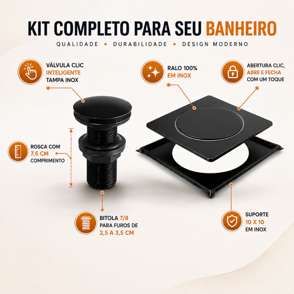 Ralo Clic Preto 100% Inox, Valvula Clic Inox e Abs, Conjunto Ralo + Valvula Banheiro