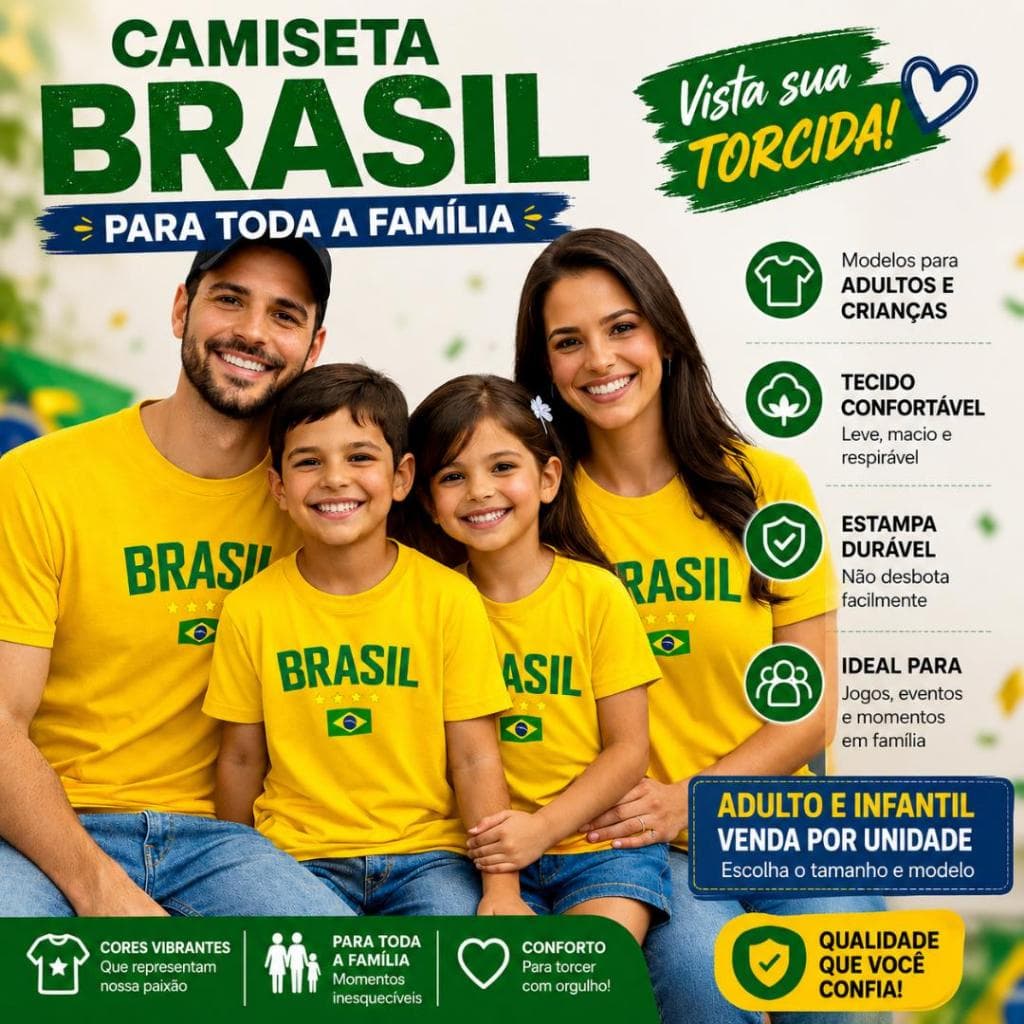 Camiseta Brasil para toda Familia Verde Azul Amarela Branca Cores 04 ao GG Blusa Camisa Copa do Mundo