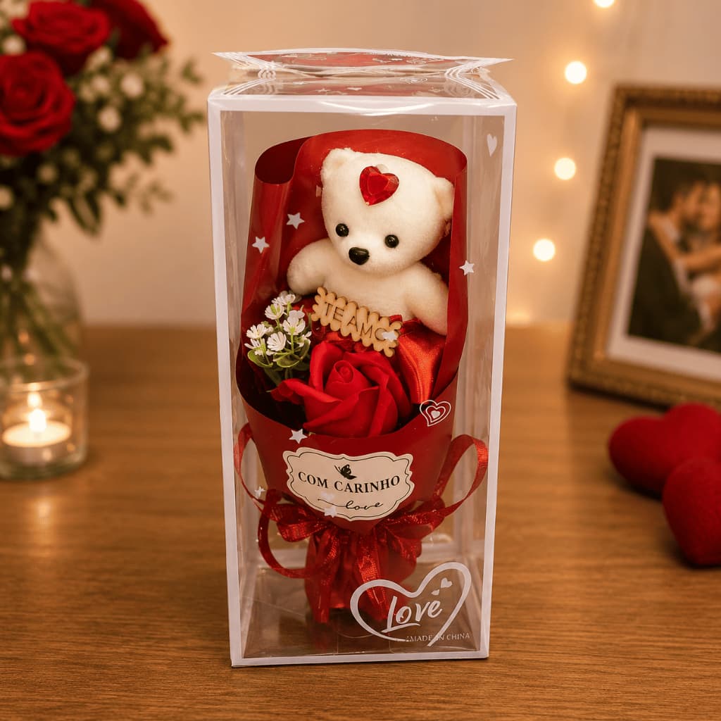 Urso de Pelúcia com Rosa Presente Romântico Dia dos Namorados Noivado Rosa/Vermelha Caixa Acetato