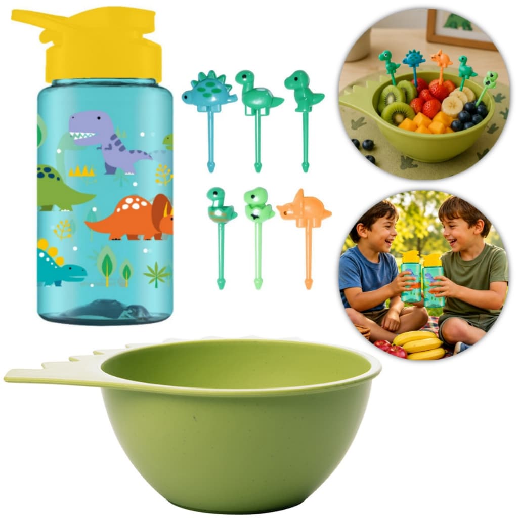 Kit Pote Tigela Squeeze Mini Garfinho Dinossauro Infantil