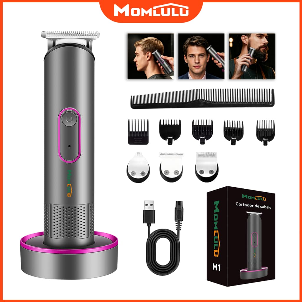 MOMLULU Máquina De Cortar Cabelo e Barba Profissional Portátil Recarregável Com Base De Carregamento