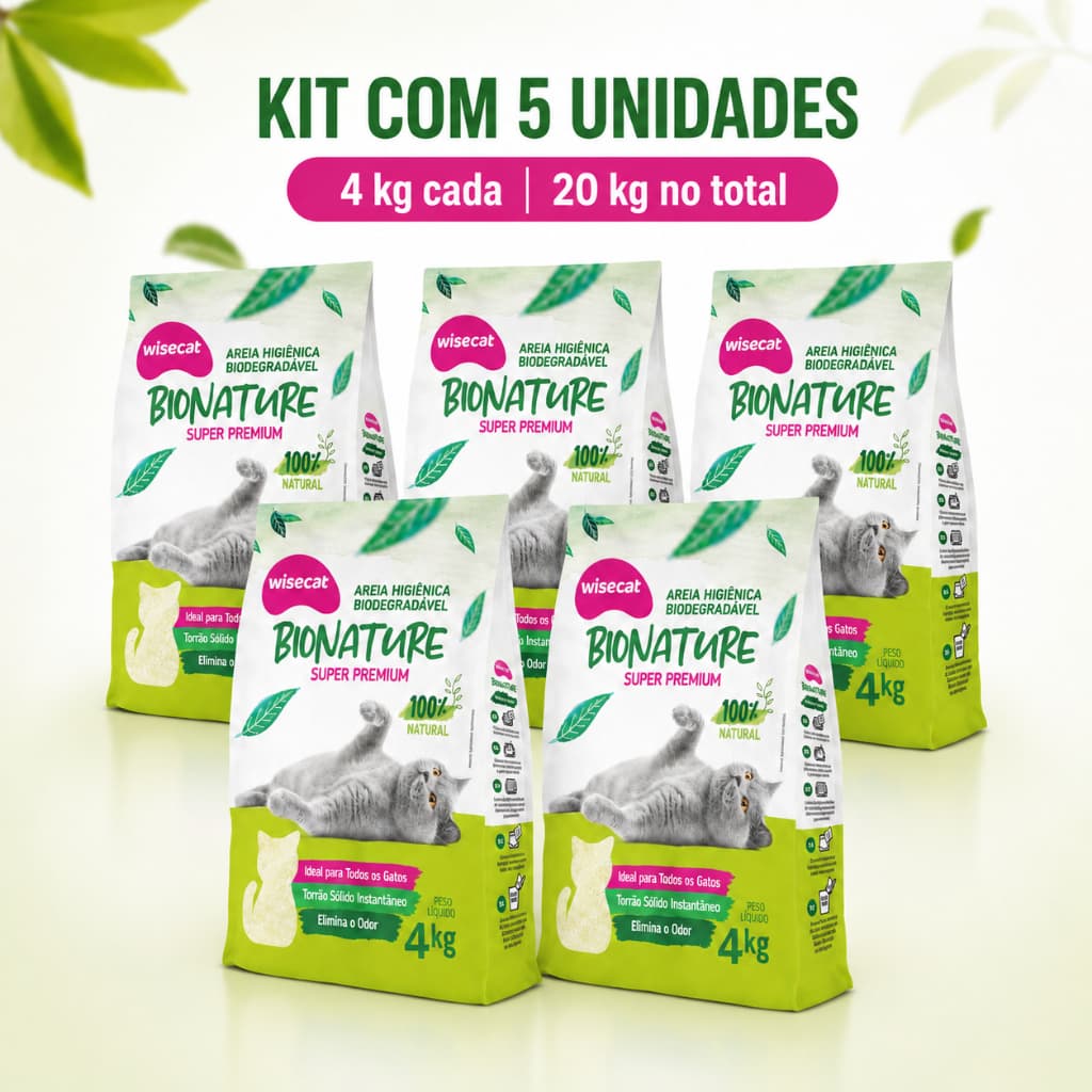 Kit 5 Areia Sanitária De Mandioca 4kg Granulado Para Gatos Biodegradável Wisecat 20kg