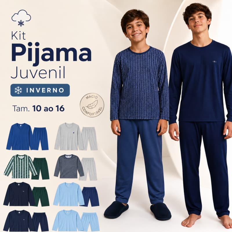 Kit Pijama Juvenil Menino Inverno Tamanho 10 ao 16 | Roupa de Dormir Juvenil Manga Longa