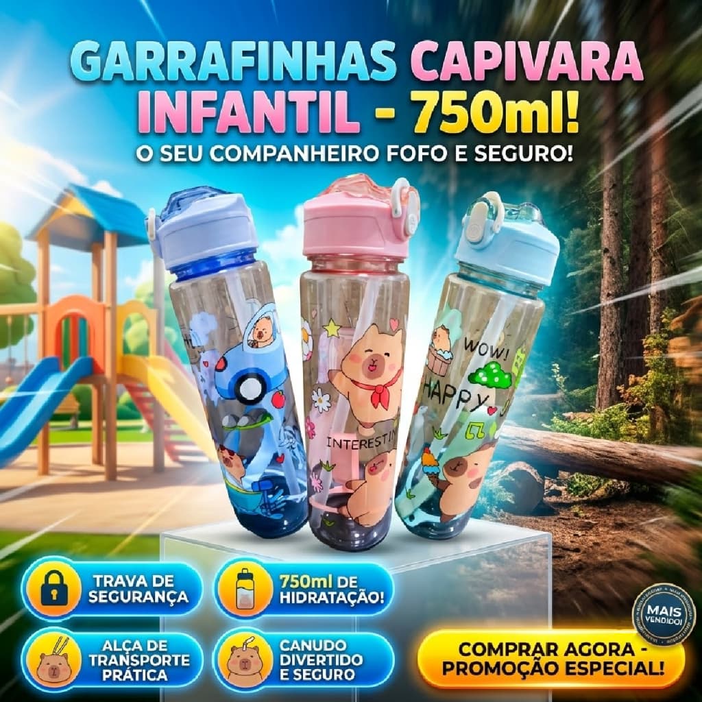 Garrafinha Infantil Capivara 750Ml Trava Alça Canudo Transparente Fofa Decorada