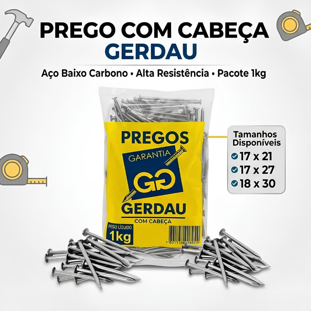 Prego Aço Polido com Cabeça Gerdau 1kg | 17x21 17x27 18x30