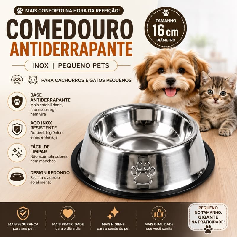 Comedouro Antiderrapante Inox 16cm para Cachorro e Gato Pequeno Pet Tigela Resistente Fácil Limpar