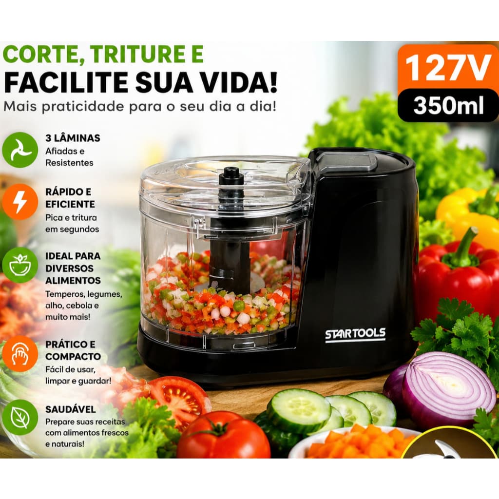 Mini Processador Triturador de Temperos Alimentos Elétrico 350ml Potente 127V 100W Preto