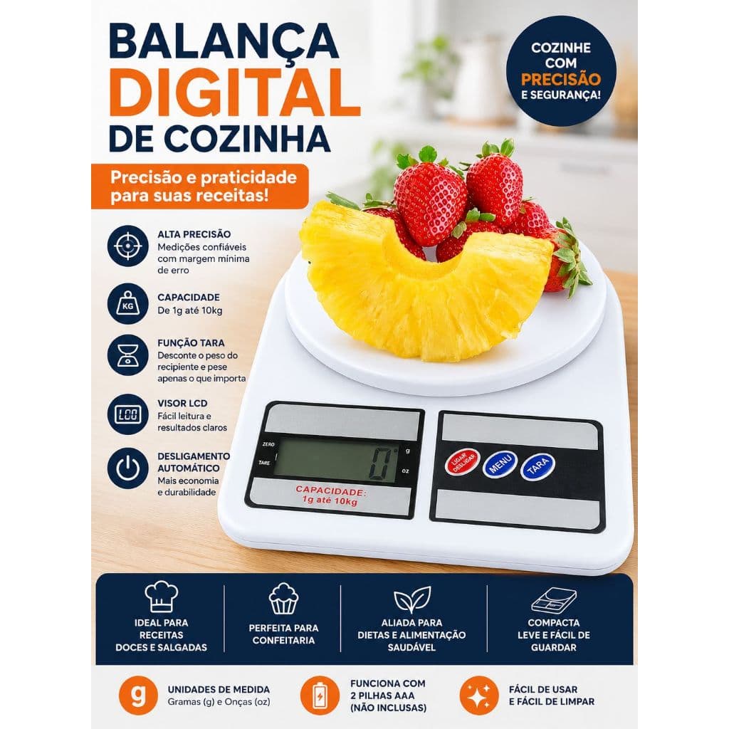 Balança Digital de Cozinha 10kg Precisão LCD Função Tara Culinária Confeitaria