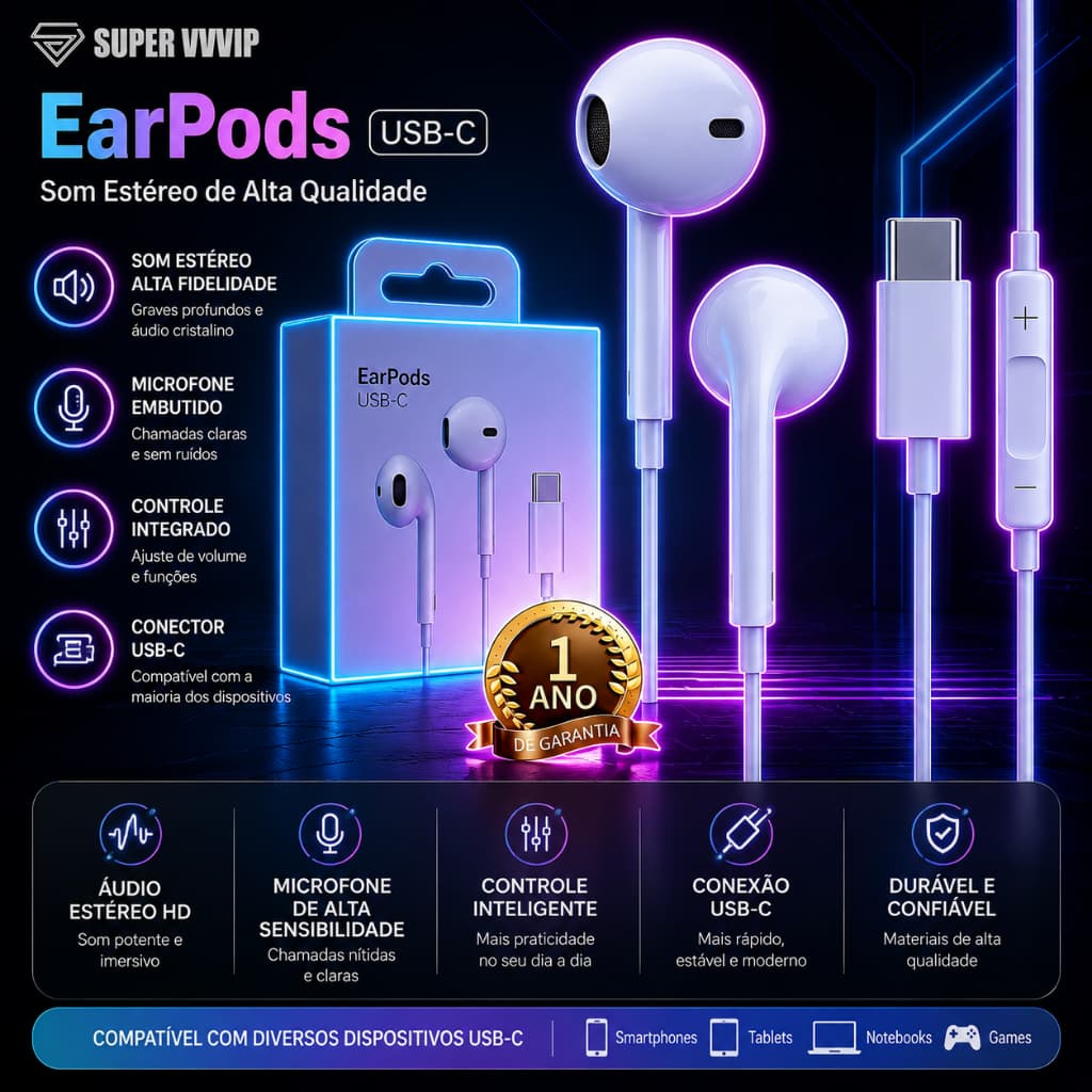 Fone de Ouvido com Fio Tipo-C para iPhone 15/16 com Microfone Embutido Alta Qualidade