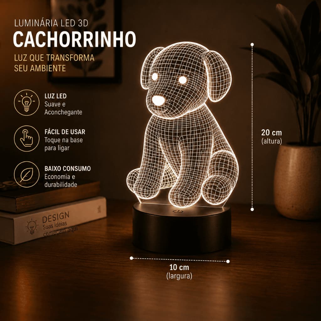 Luminária LED 3D Cachorrinho com Base – Abajur Decorativo Luz Branca para Quarto e Sala