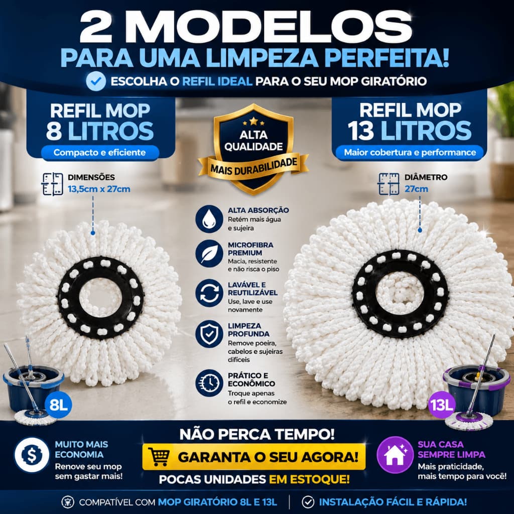 Refil Mop Giratorio Alta Absorcao Fibra Microfibra Capacidade 8 Litros Pratico Duravel