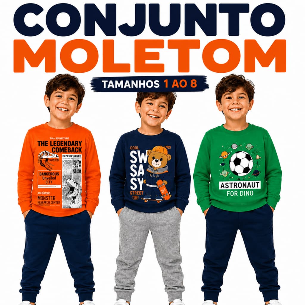 Conjunto Moletom Infantil Menino 1 ao 8 Inverno Quentinho Manga Longa Roupa Infantil Inverno