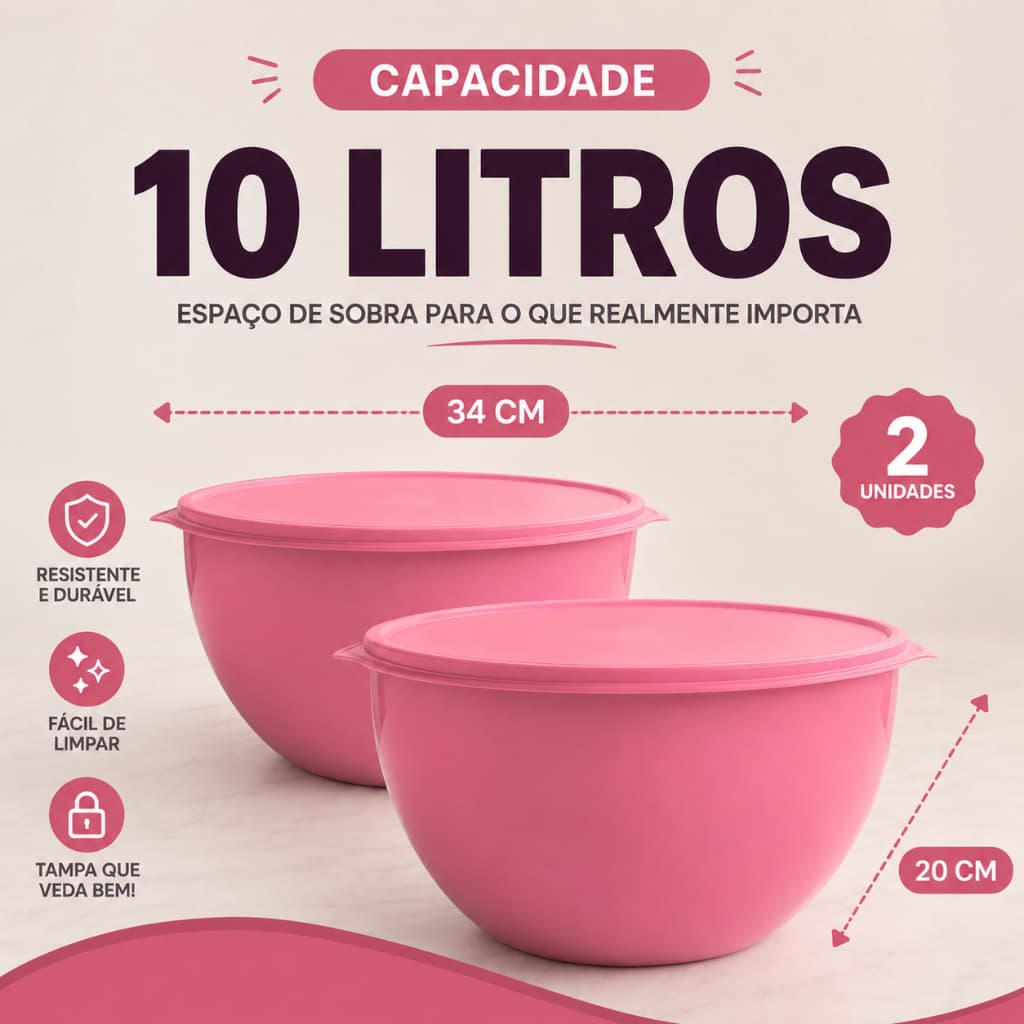 Kit 2 Bacias Plástica Tapoer 10 Litros com Tampa Tigela Grande Para Churrasco, Saladas e Misturas Resistente