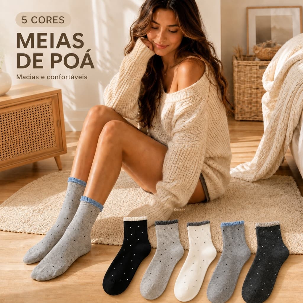 Kit 6 Pares Meia Feminina Poá Cano Médio Punho Frufru Macia