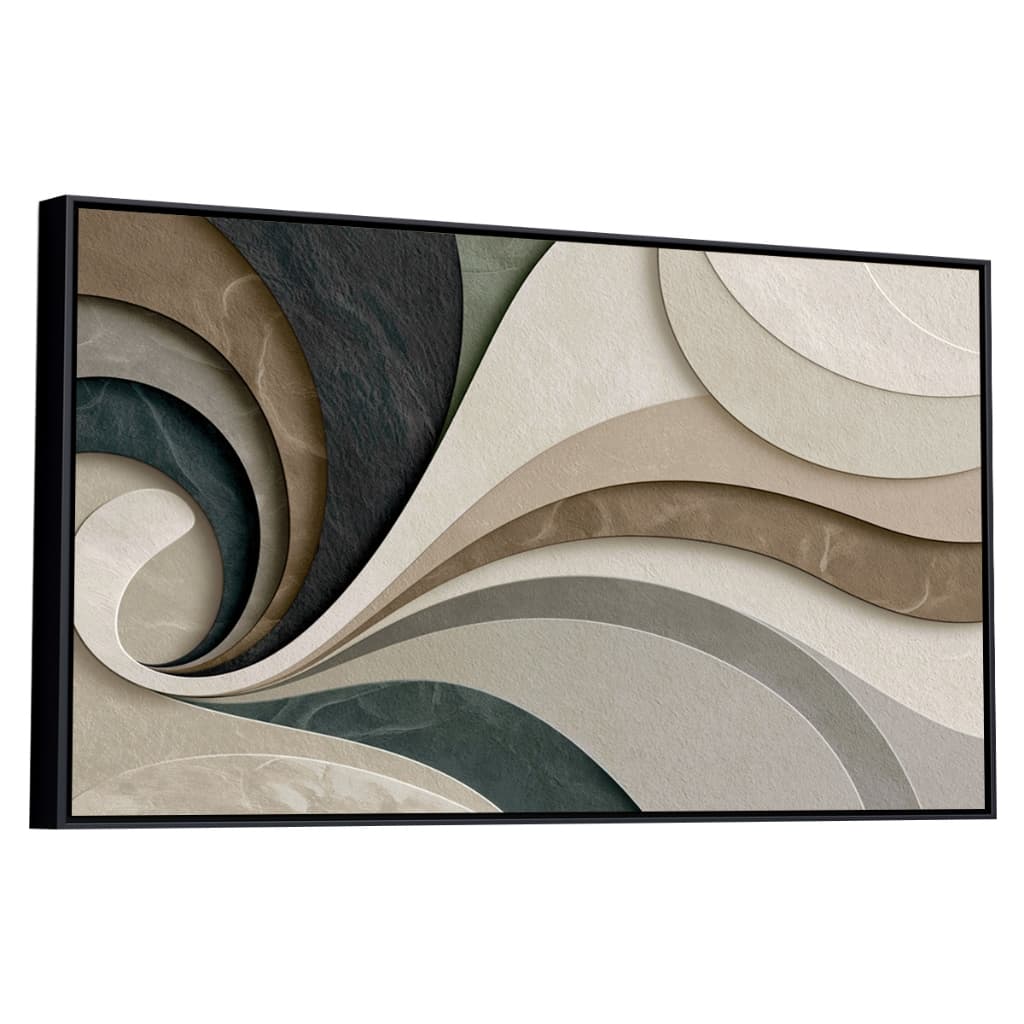 Quadro Decorativo Abstrato Formas Ondas Fluidez Tons Neutros Bege Verde Marrom Nude com Moldura 90cm
