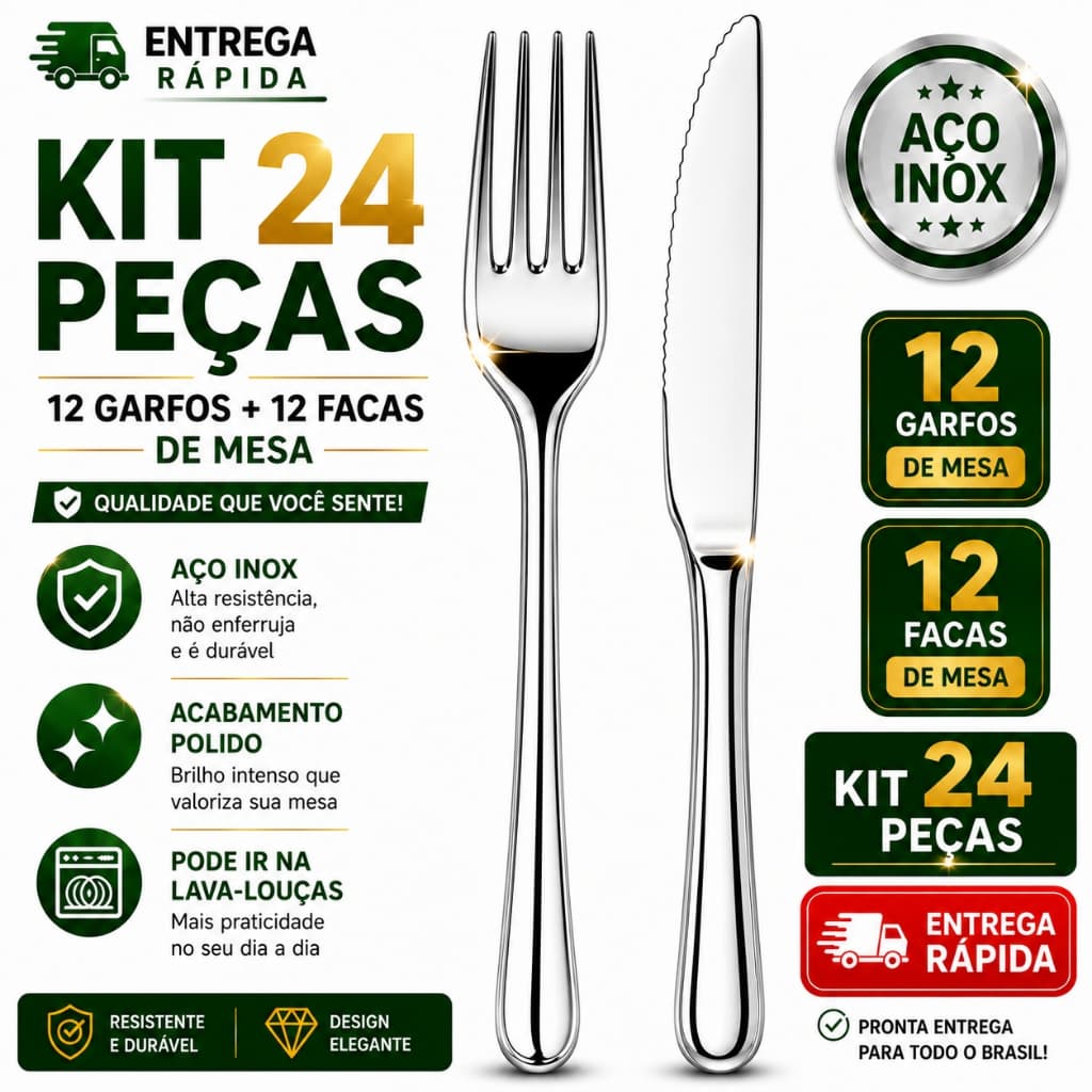 Kit 24 Peças Talheres Aço Inox 12 Garfos + 12 Facas de Mesa Resistente Faqueiro Cozinha Restaurante Buffet Mesa Posta