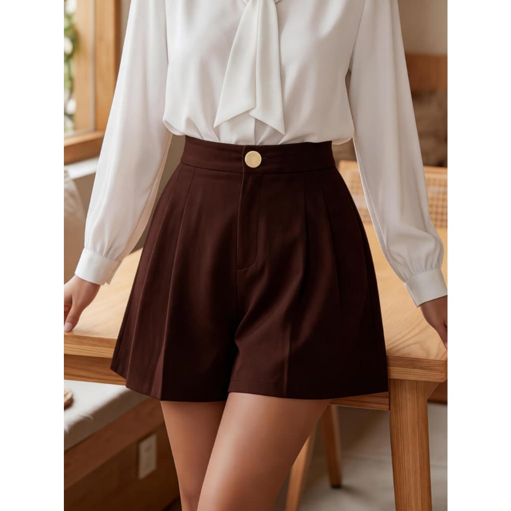 Novo Shorts de Cintura Média Plissado em Tecido Trançado com e Elástico na Cintura Fina Elegantes para Uso Diário P M G