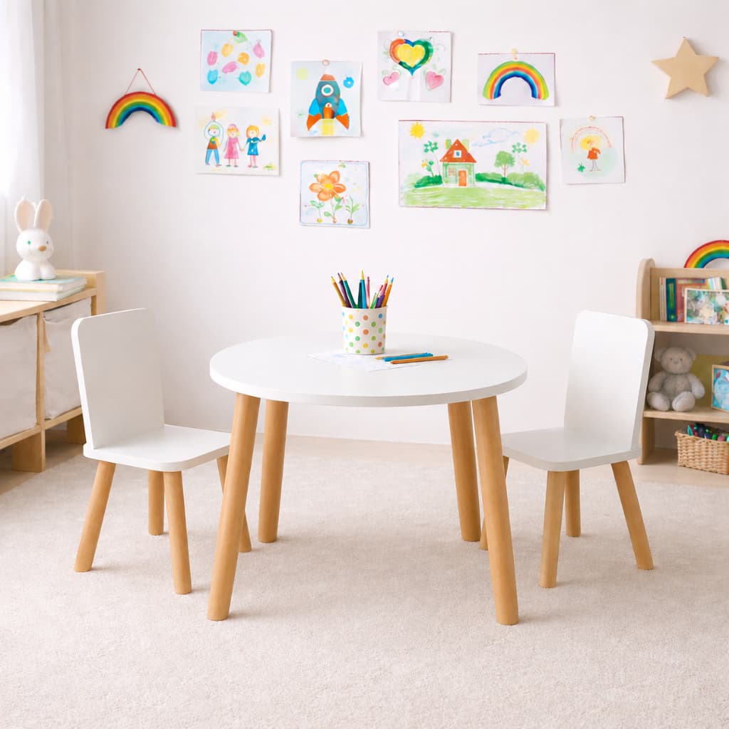 Mesa Infantil Educativa Redonda com 2 Cadeira Montessori MDF Branco Educativa Criança Atividades